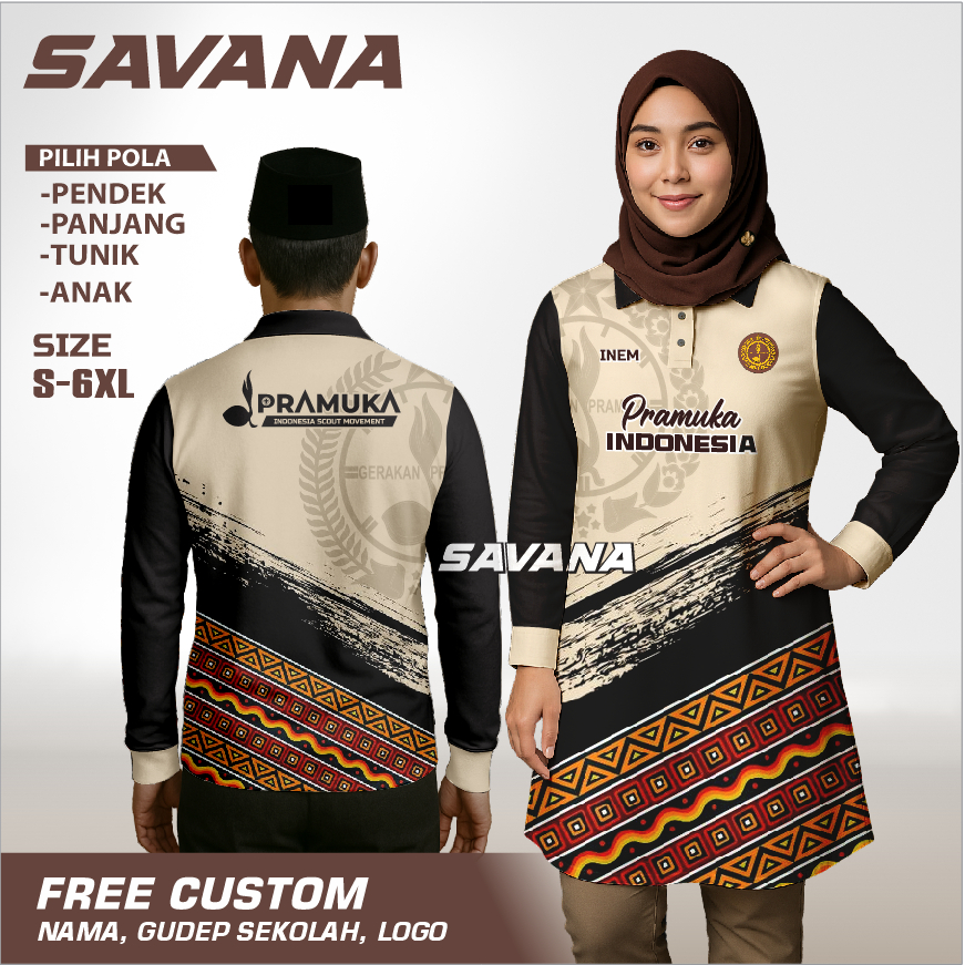 SAVANA - Jersey PRAMUKA Vnek / Panjang / Berkerah / tunik  printing penggalang pdh pdl custom / baju