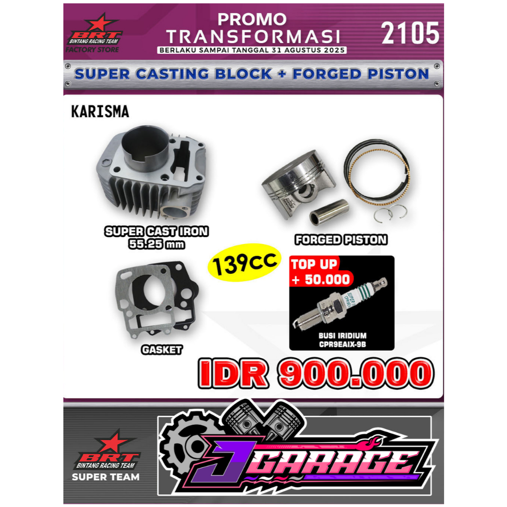 BLOK BRT 55.25MM – 139CC – KARISMA / SUPRA X 125 – CAST IRON & FORGED PISTON / BLOK RACING BRT