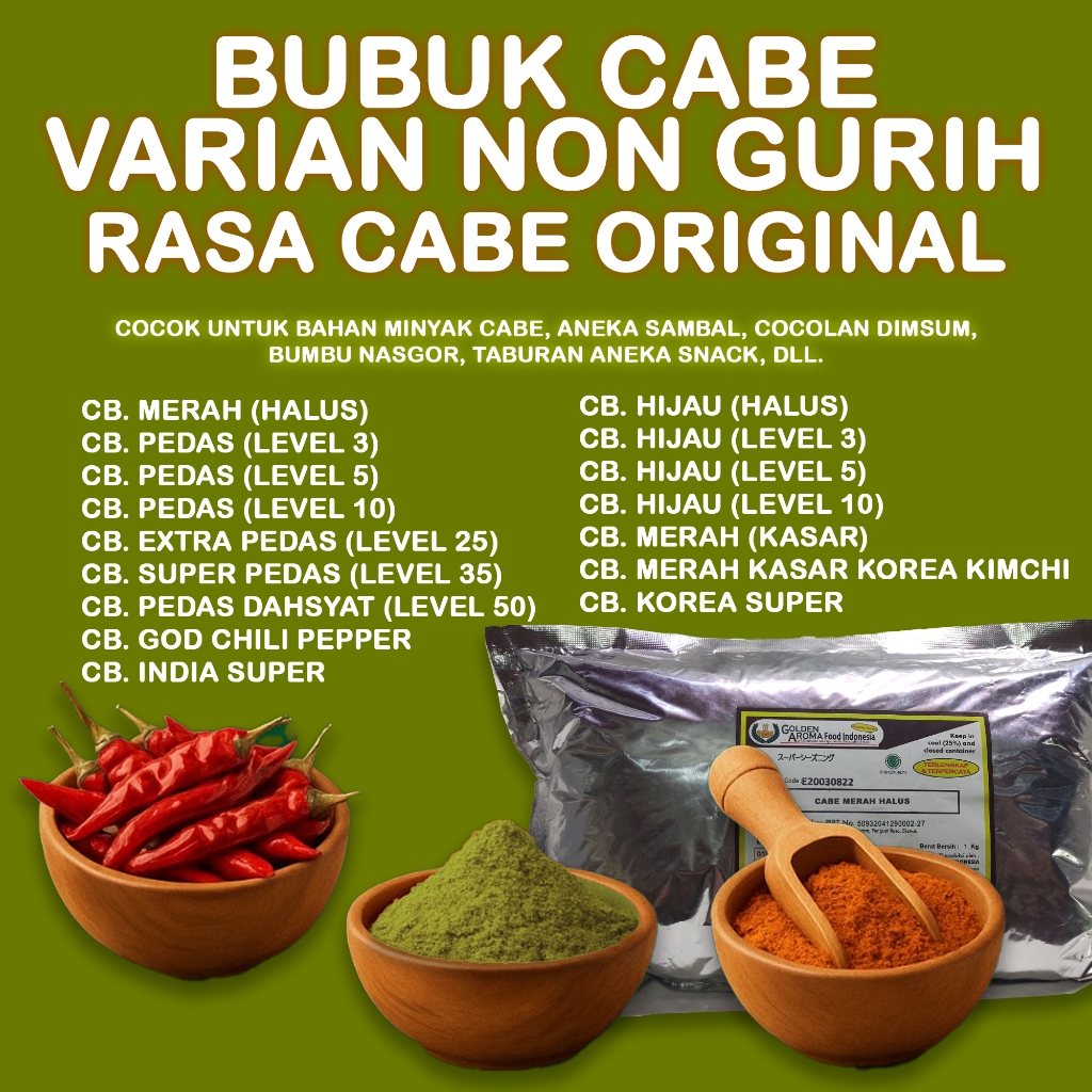 

Bubuk Cabe Pedas (Varian Non Gurih) 1 Kg - Cocok untuk Bahan Minyak Cabe, Aneka Sambal, Cocolan Dimsum, Bumbu Nasgor, Taburan Aneka Snack, Dll, Enak Dan Halal. Kemasan Alumunium Silver