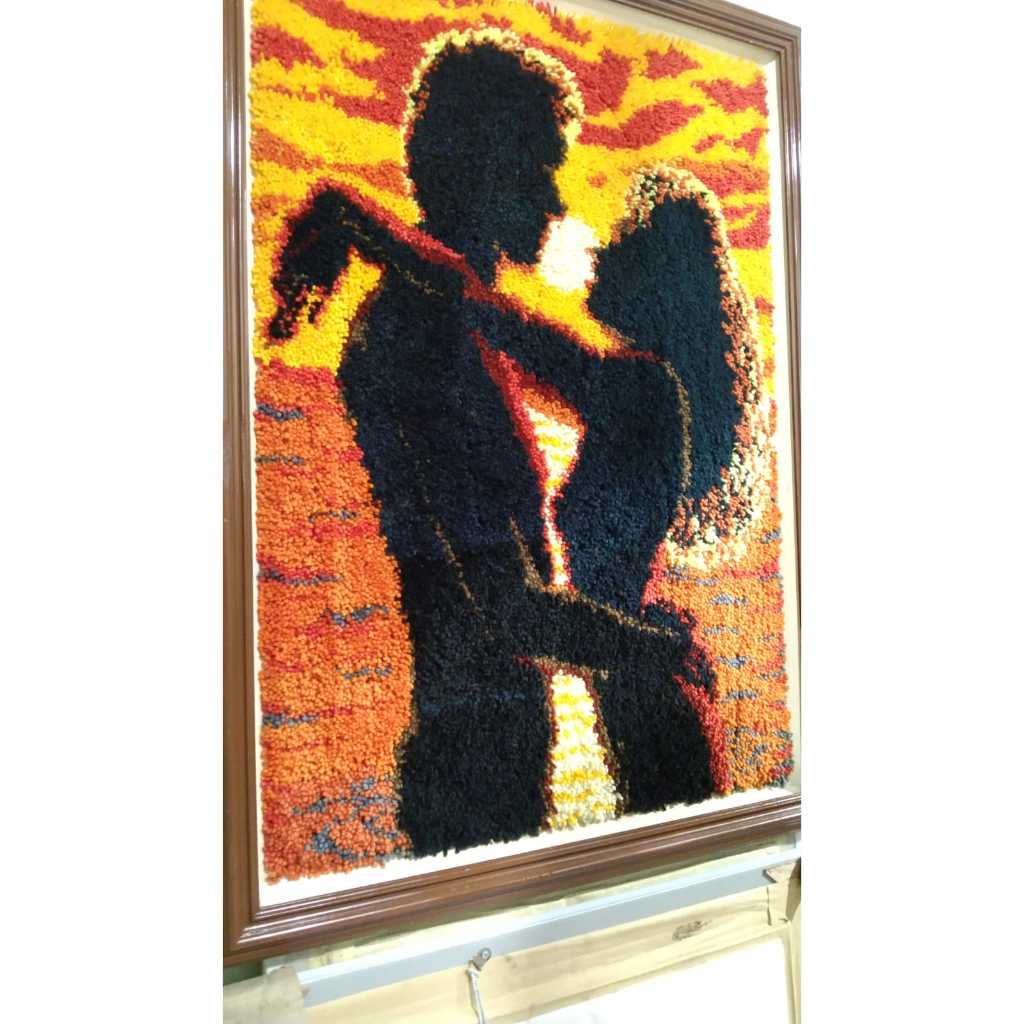 Lukisan Sulam Benang Wol Sepasang Kekasih Kuno Jadul Antik