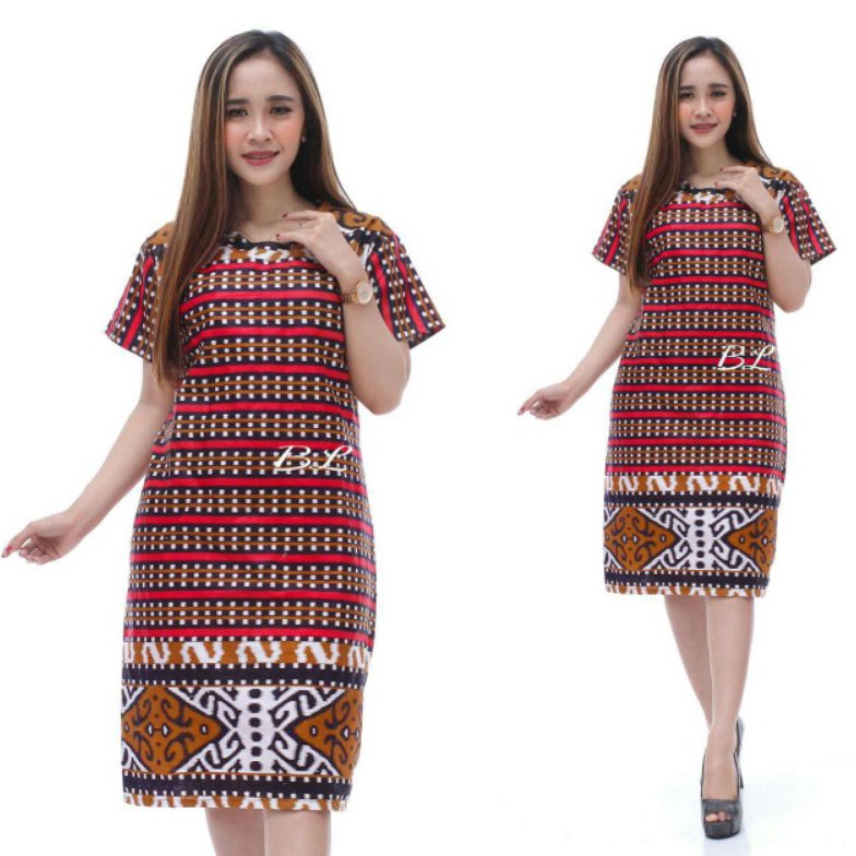 KODE C99P Baju Dress Wanita Modern Model Terbaru Motif Batik Lengan Pendek Dress Natal