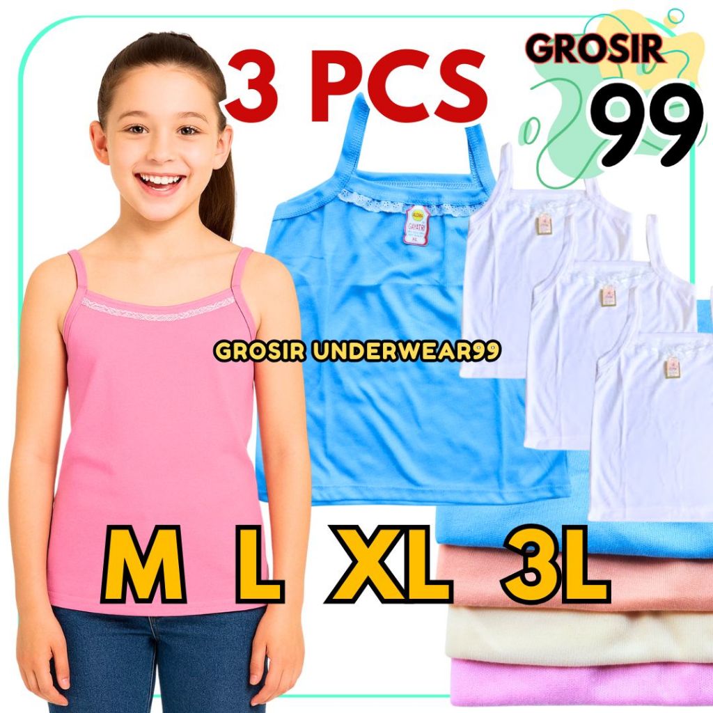 TERLARIS 3 PCS Kaos Singlet Renda Wanita Anak Remaja Dewasa Nyaman Melar GROSIR99