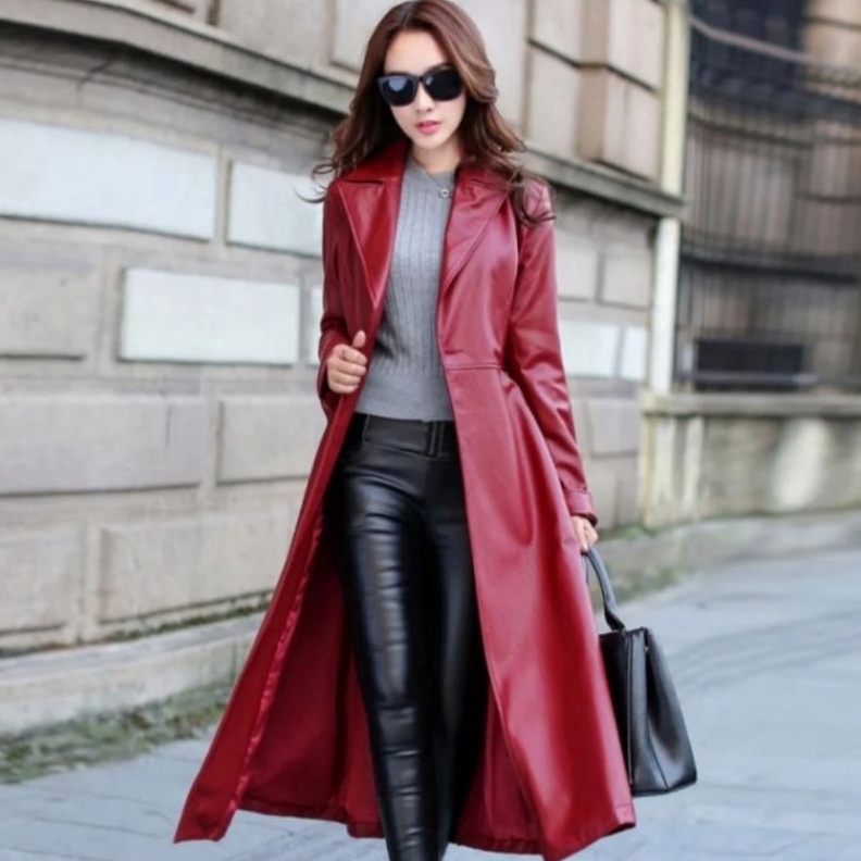 KODE W14Y Mantel Kulit WanitaJaket Panjang Semi KulitJaket Musim Dingin Kerah Lengan Panjang Khalifa