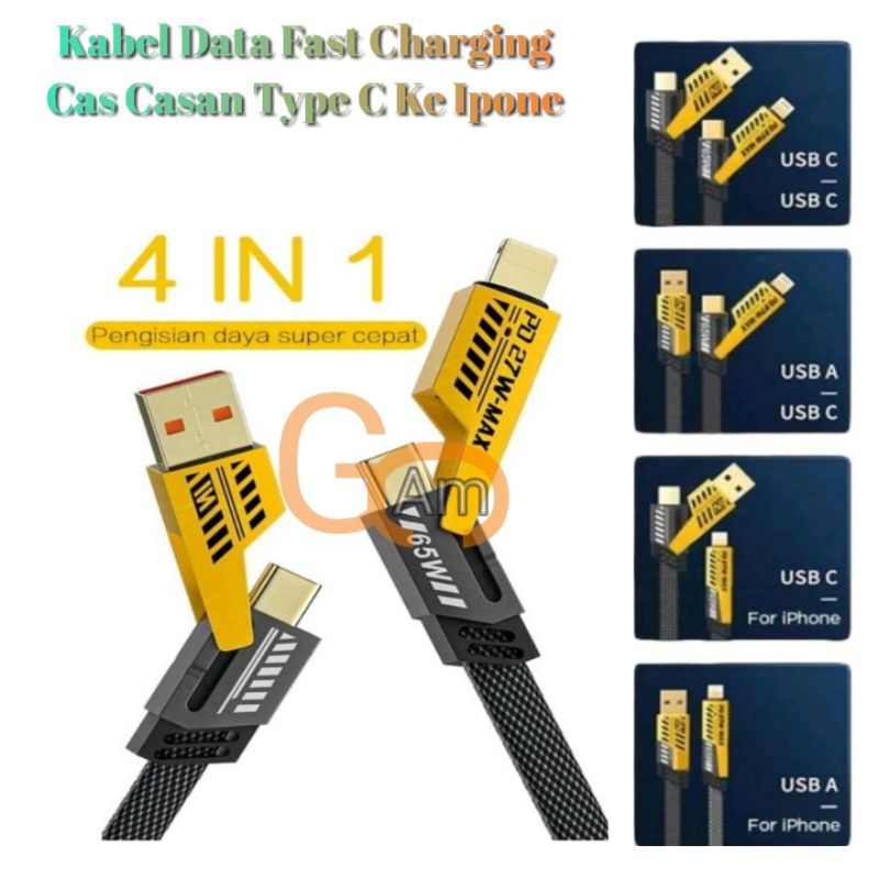 Kabel Data 4 in1Fast Charging Cas Casan Type C Ipone Charger HP Type C Ke Ipone