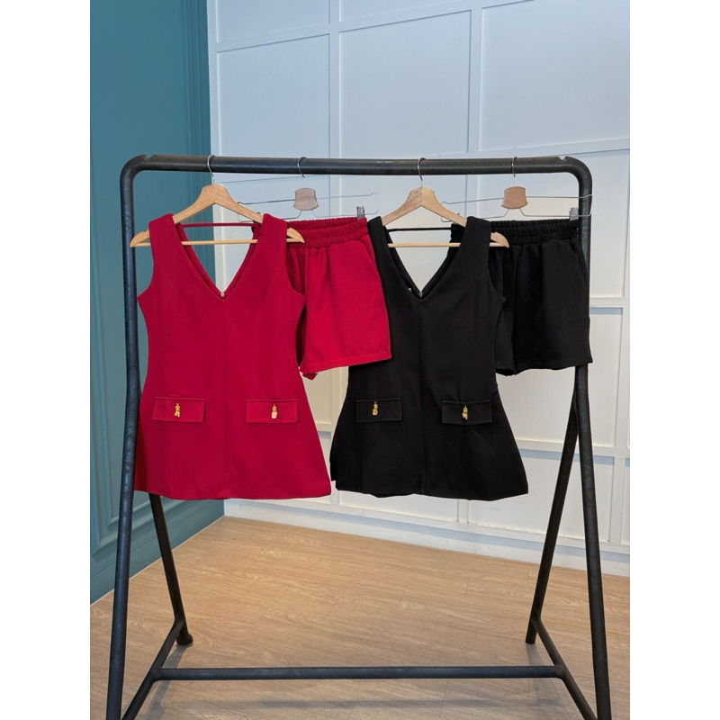 7495 Airin A Shape Long Vest n Shorts Set / Set Baju Wanita Atasan & Celana Pendek