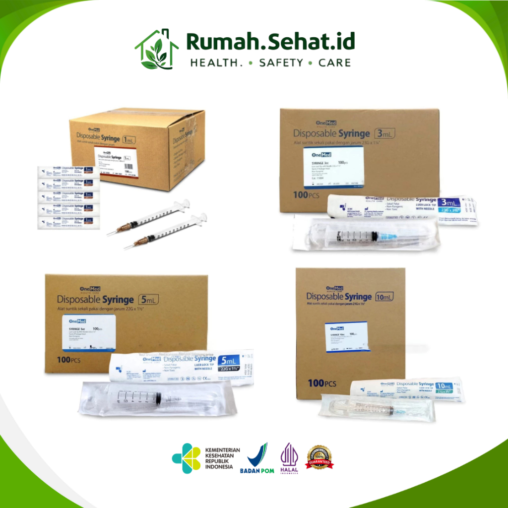 Spoit Spuit Onemed Disposable Syringe with Needle 1 ml, 3 ml, 5 ml, 10 cc - BOX Isi 100 pcs