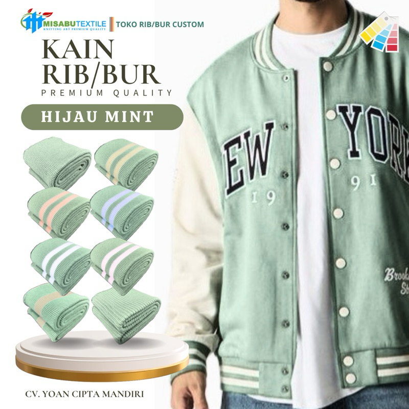 Kain rib bur poliester hijau mint rajut premium untuk jaket