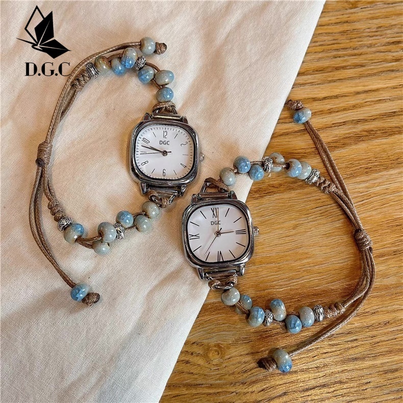DGC 10409 Jam Tangan Wanita Kotak Serut Kanvas Tali Anyaman  Jam Tangan Fashion COD