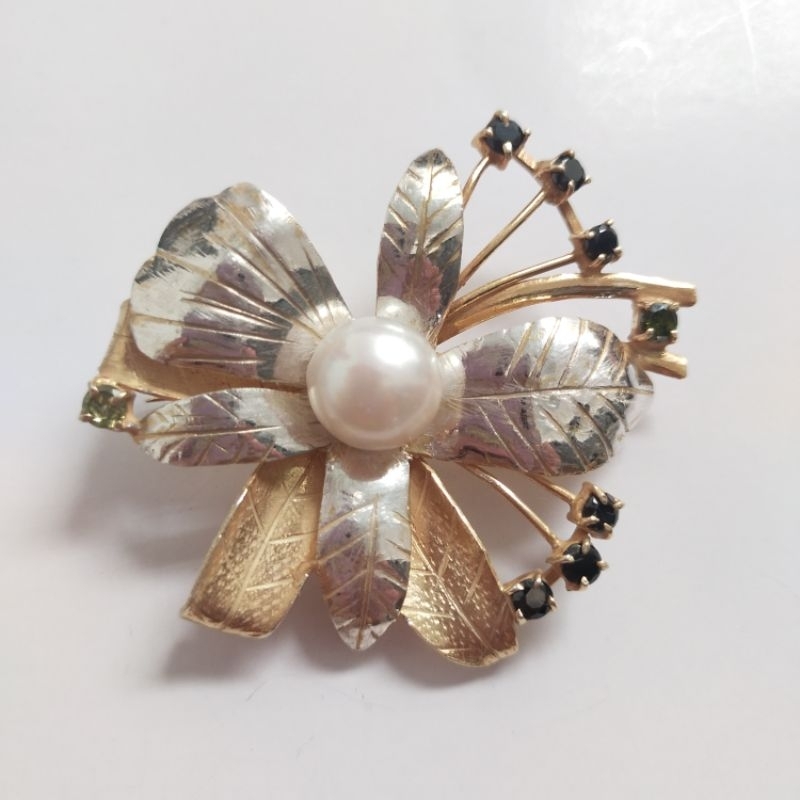 Bros Perak Murni 925 Lapis Emas Model Bunga Mekar Mutiara Air Tawar Lombok