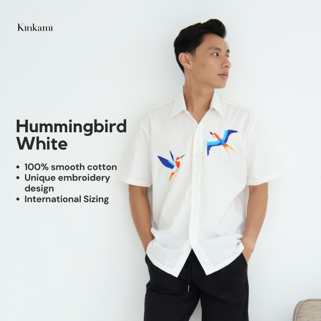 Kemeja Pria Lengan Pendek Premium Bordir | HUMMINGBIRD White by KINKAMI
