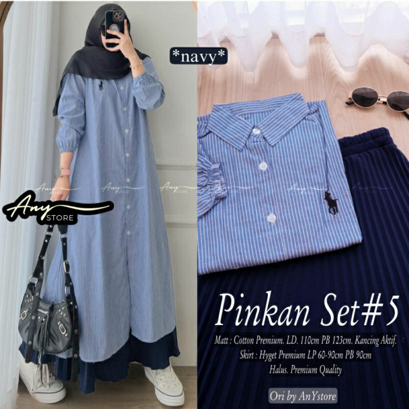 Pinkan set rok plisket remaja dewasa atasan tunik katun motif salur garis garis