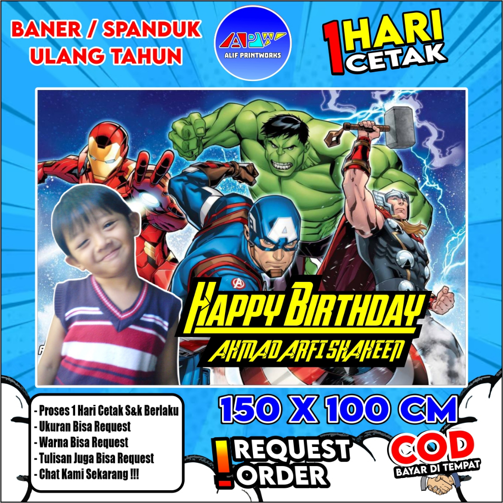 Spanduk Baner Ultah Avengers /  Baner Ultah Avengers 150x100 cm