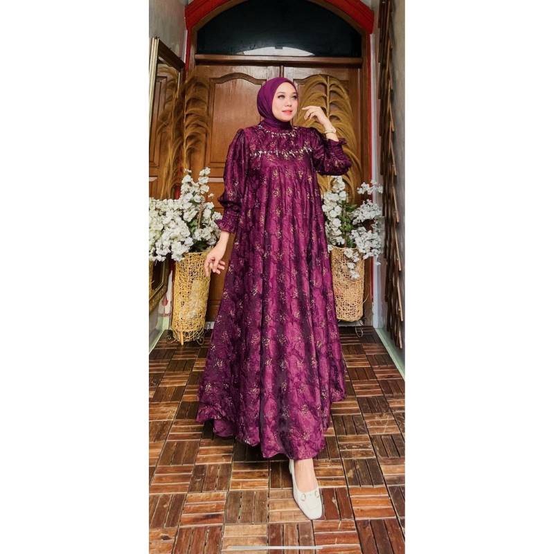 iu8 Ceryna Dress Kondangan Organza Jaguard by Ohc Gamis Muslim Wanita Mewah Pesta Lebaran Maxi