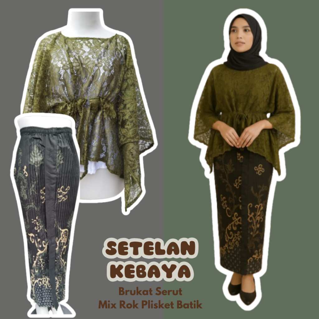 Paket Kondangan Terbaru Brukat Serut + Plisket Batik Setelan Outer Brukat Rok Lilit Batik Wanita Kek