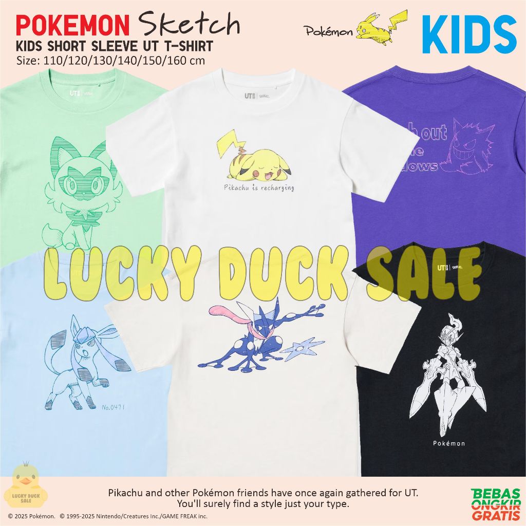 Pokemon Sketch Kids Baju Kaos Regular Anime UT Shirt UNIQLO UT Anak-anak