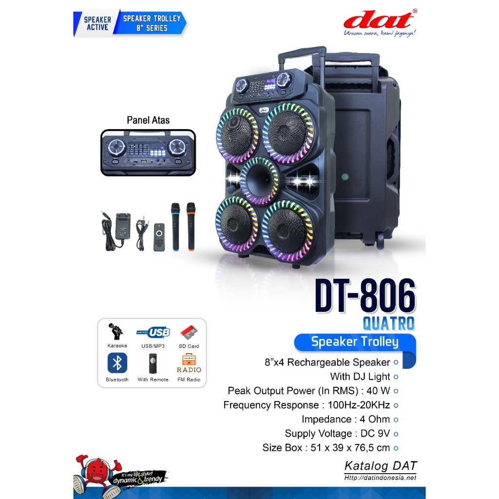 SPEAKER AKTIF PORTABLE 8 INCH DAT DT 806 QUATRO BLUETOOHT TROLLEY