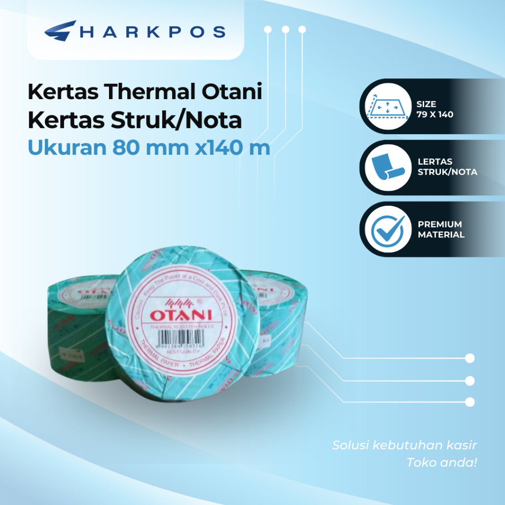 

Sharkpos Kertas Thermal Otani 80x140 Kertas Printer Mesin ATM Kasir Struk Nota 79x140