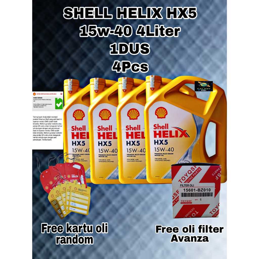 OLI MOBIL SHELL HELIX HX5 15W-40 BENSIN SOLAR DIESEL, 4 LITER 1 Dus 4 Pcs Original Scan Barcode filt