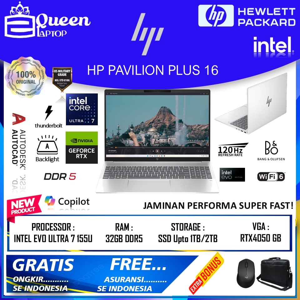 Laptop Gaming HP PAVILION PLUS 16 INTEL EVO ULTRA 7 155H DDR5 32GB 2TB SSD RTX4050 6GB WQXGA 120HZ
