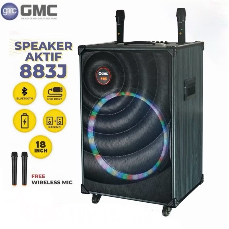 Speaker Portable Bluetooth GMC 883J 883 J 18in 18inch Bonus 2 Mic Wireless Amplimeeting