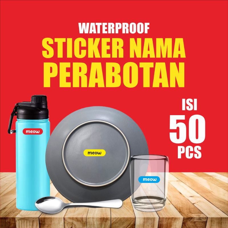 

50 PCS sticker custom nama perabotan sticker sendok piring gelas water proof timbul aesthetic