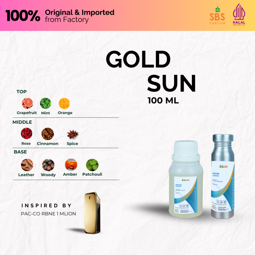 Bibit Parfum Murni Original [Gold Sun] | 100ml - Inspired by Paco Rabanne 1 Million - Bibit Asli Ori