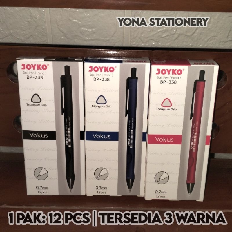 

Pulpen Joyko Vokus Bp 338 | Ballpoint | 1 Pak: 12 Pcs | 0.7mm | Warna Hitam, Biru, Merah