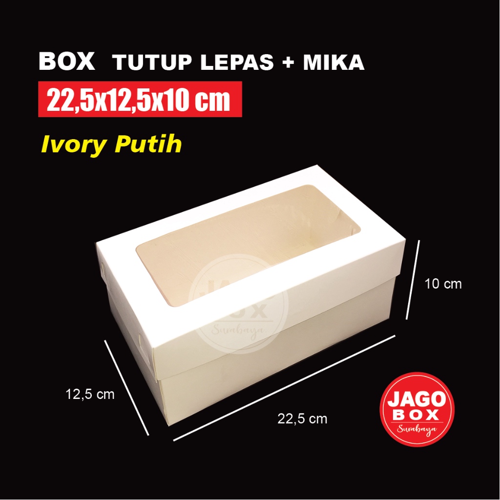 

Box Kotak Kue/Tart/Roti 22,5 x12,5 x10 cm Tutup Lepas + Mika Ivory Putih