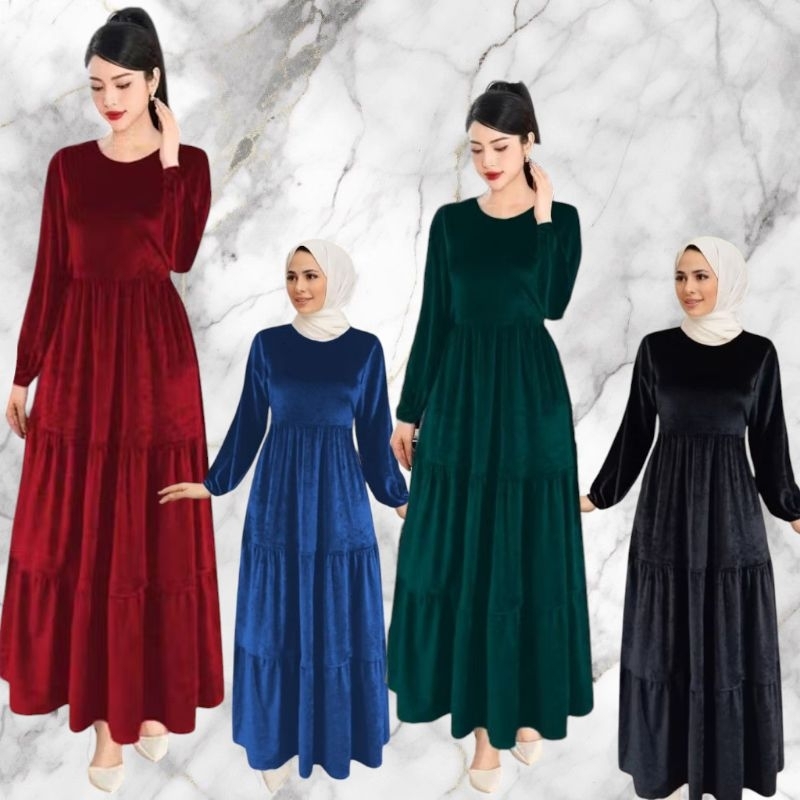 HR0030 Fashion Muslim Maxi Dress Beludru Stretch / Longdress Bludru Muslim