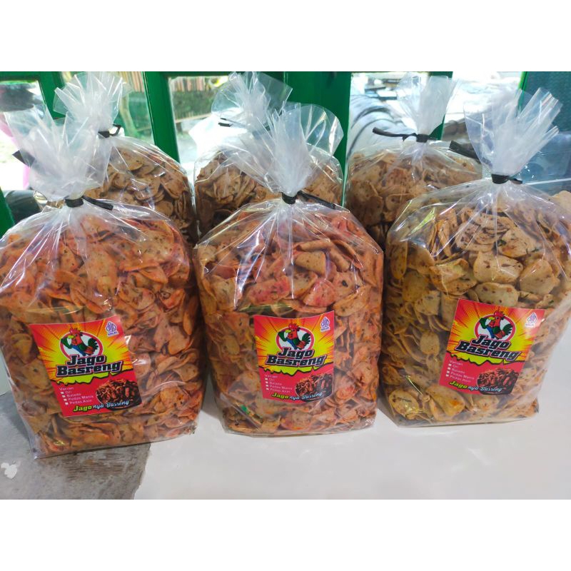 

Jago Basreng Viral 1 KG Lezat Bumbu Melimpah Pedas Goreng Keripik Kering Snack Basreng Viral