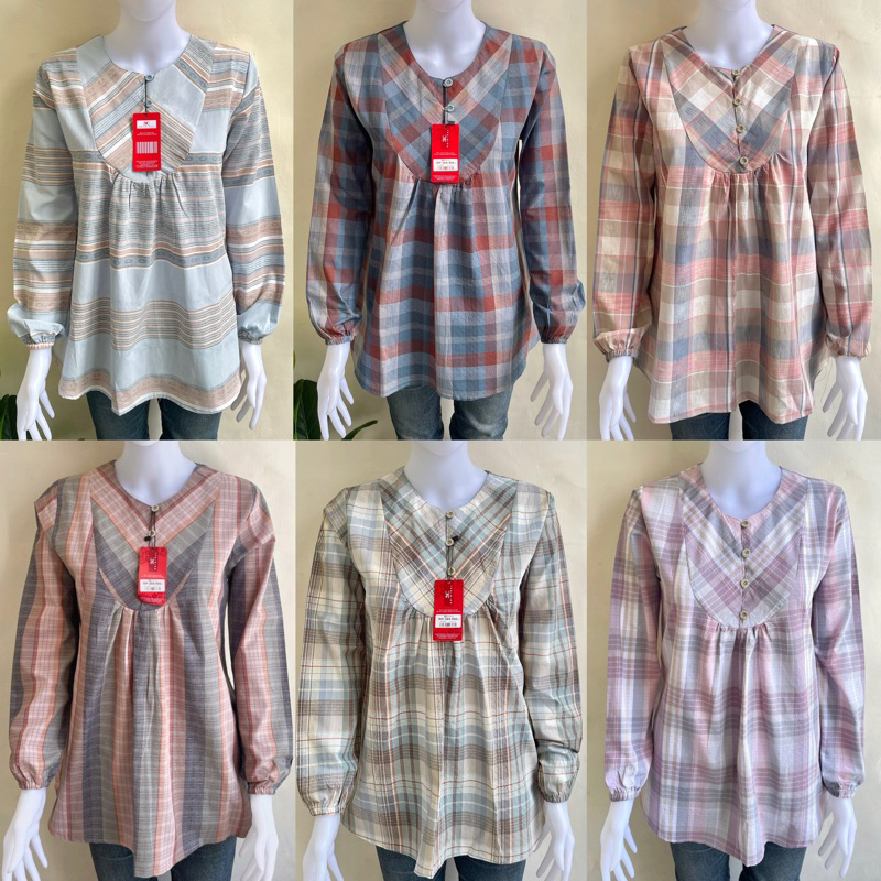 Blouse 3C Bahan Katun Blouse 3C Wanita Blouse Kotak Kotak Tukik 3C Blouse Kerja Wanita Kemeja Motif 