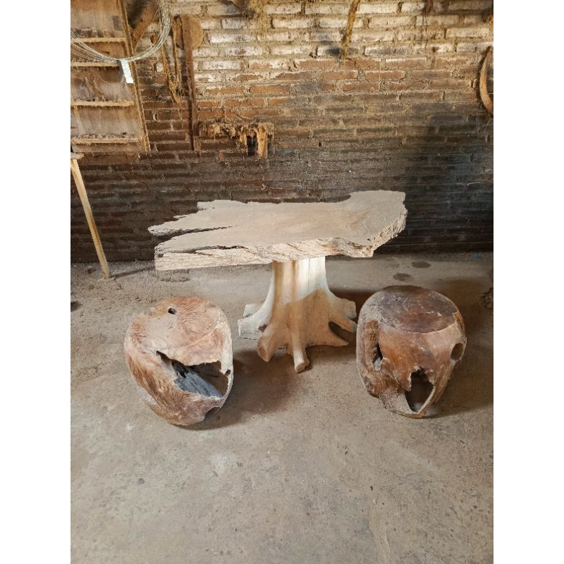 meja kursi stool jati solid unik natural - akar erosi kayu jati