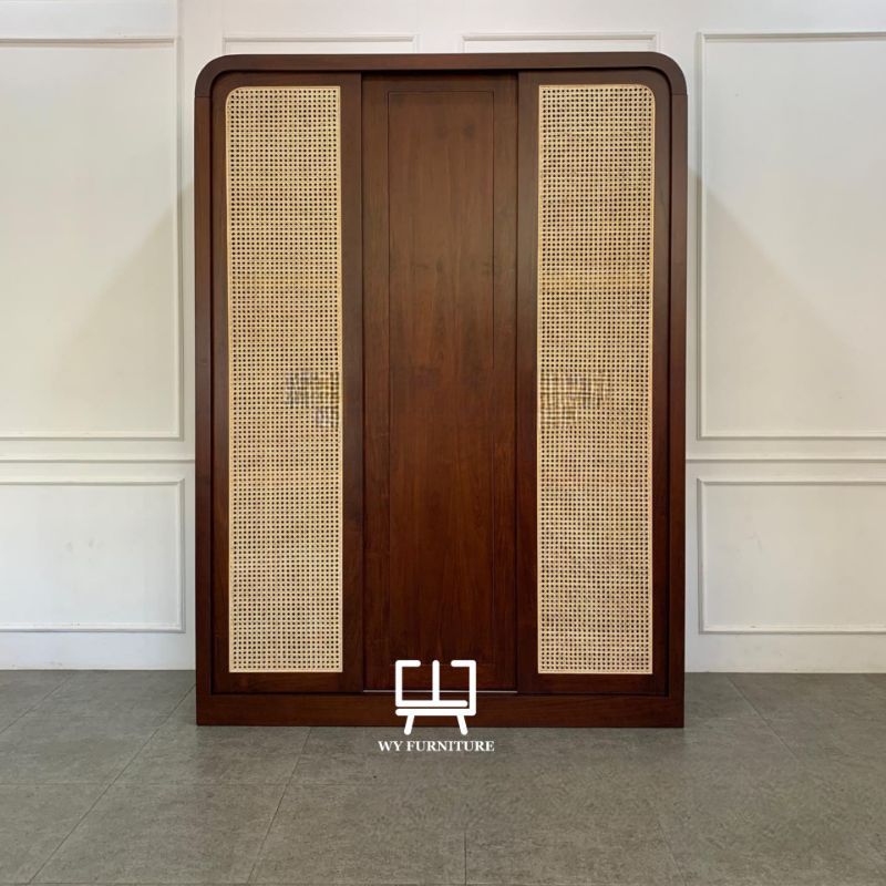 Lemari pakaian minimalis kayu jati, lemari pakaian kayu jati kombinasi rotan pintu sliding, lemari k