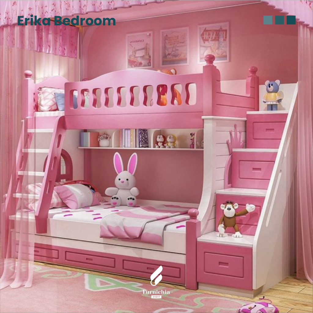 Ranjang tidur tingkat anak cewek, Kamar tidur tingkat cewek, Tempat tidur tingkat anak warna pink lu