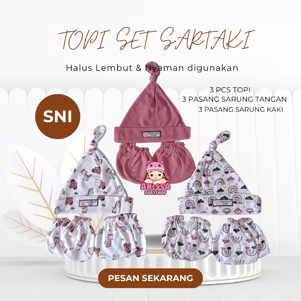 Topi Sartaki bayi 3 Topi 3 set Sarung Tangan 3 Set Sarung Kaki Sartaki 9in1 Halus Lembut dan nyaman