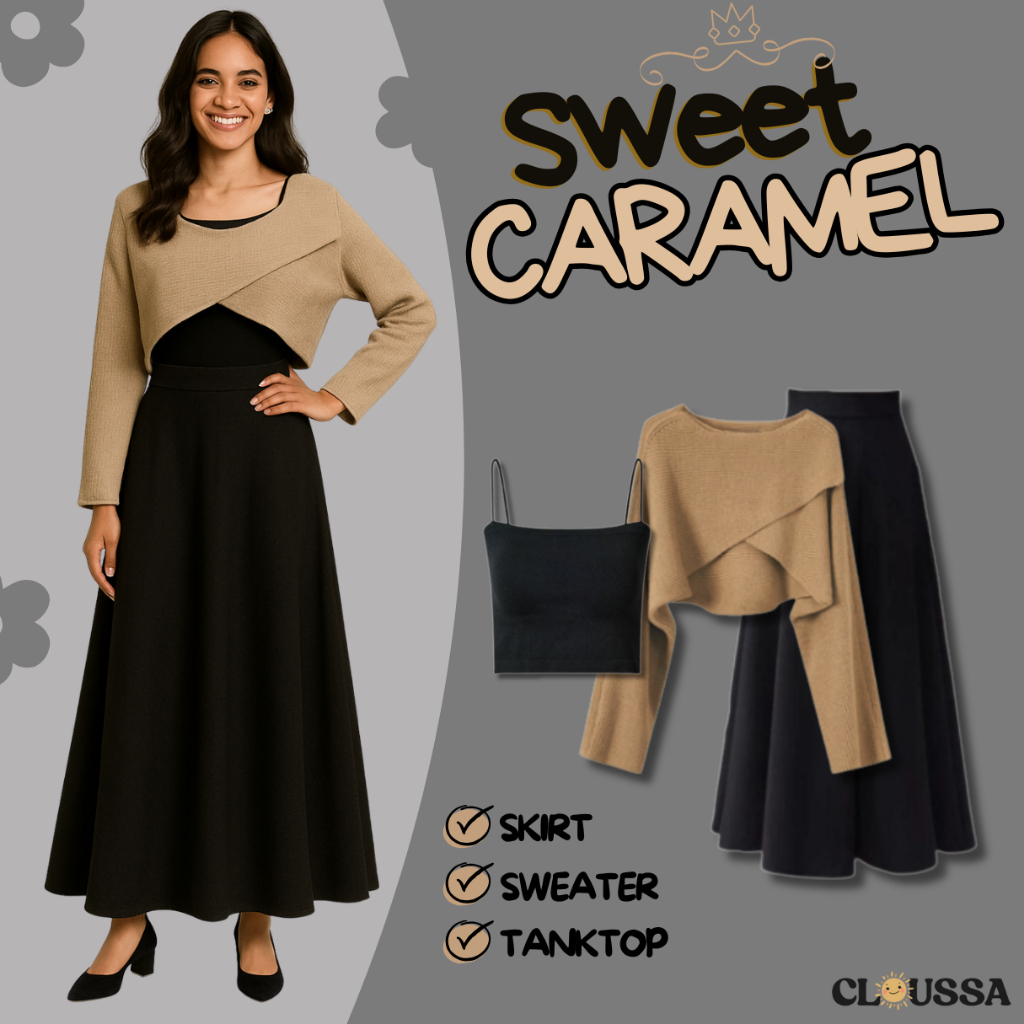 4 In One Set Korean Style (Rok Joda + Sweater Rajut + Tanktop + Hijab) Setelan Wanita Kekinian CL004