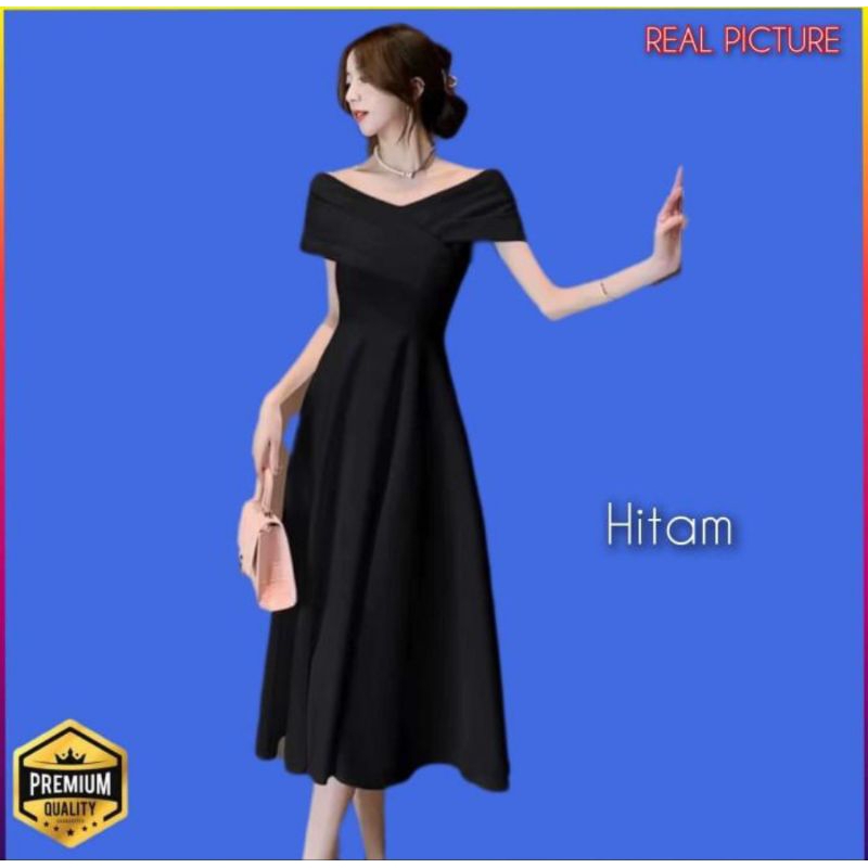 Dress Pesta Wanita Vardia Baju Gaun Korea Kondangan Kekinian Scuba Hitam