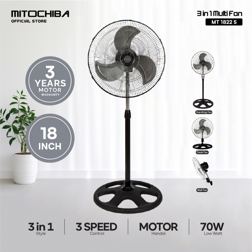 MITOCHIBA Kipas Angin Industrial 3 in 1 MT 1822S Fungsi Berdiri, Dinding, Meja