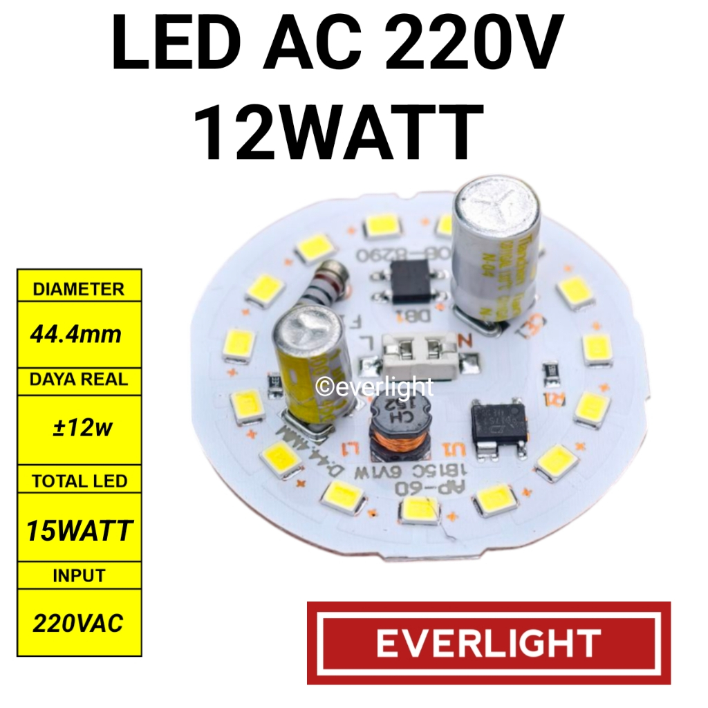 Modul LED AC 220V 12W Bulat Tanpa Driver  Lampu PCB Everlight