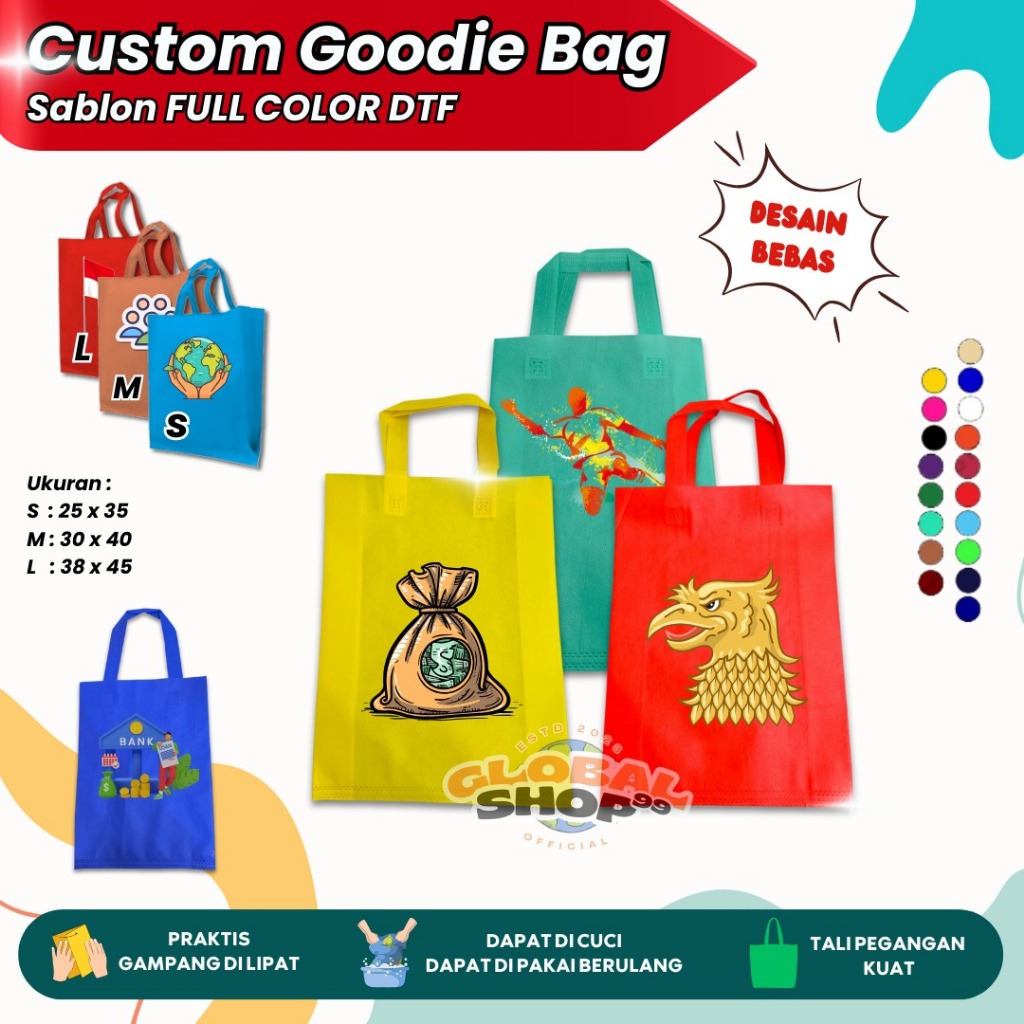 

CUSTOM SABLON DTF PLUS TAS Goodie bag HANDLE WARNA 25X35 30X40 38X45 Tas Belanja Spunbond Souvenir Hampers Nikah Ulang Tahun