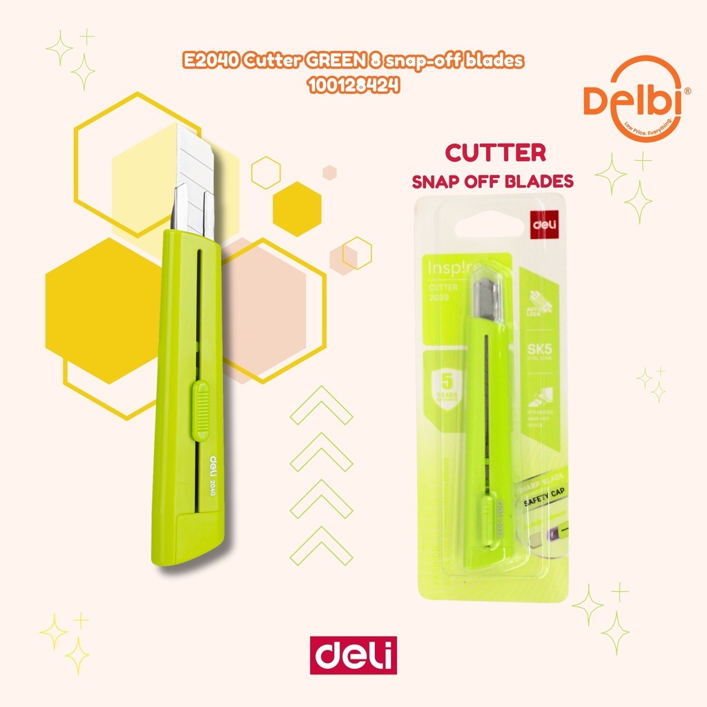 

DELI Cutter GREEN 8 snap-off blades PISAU CUTTER WARNA CANTIK