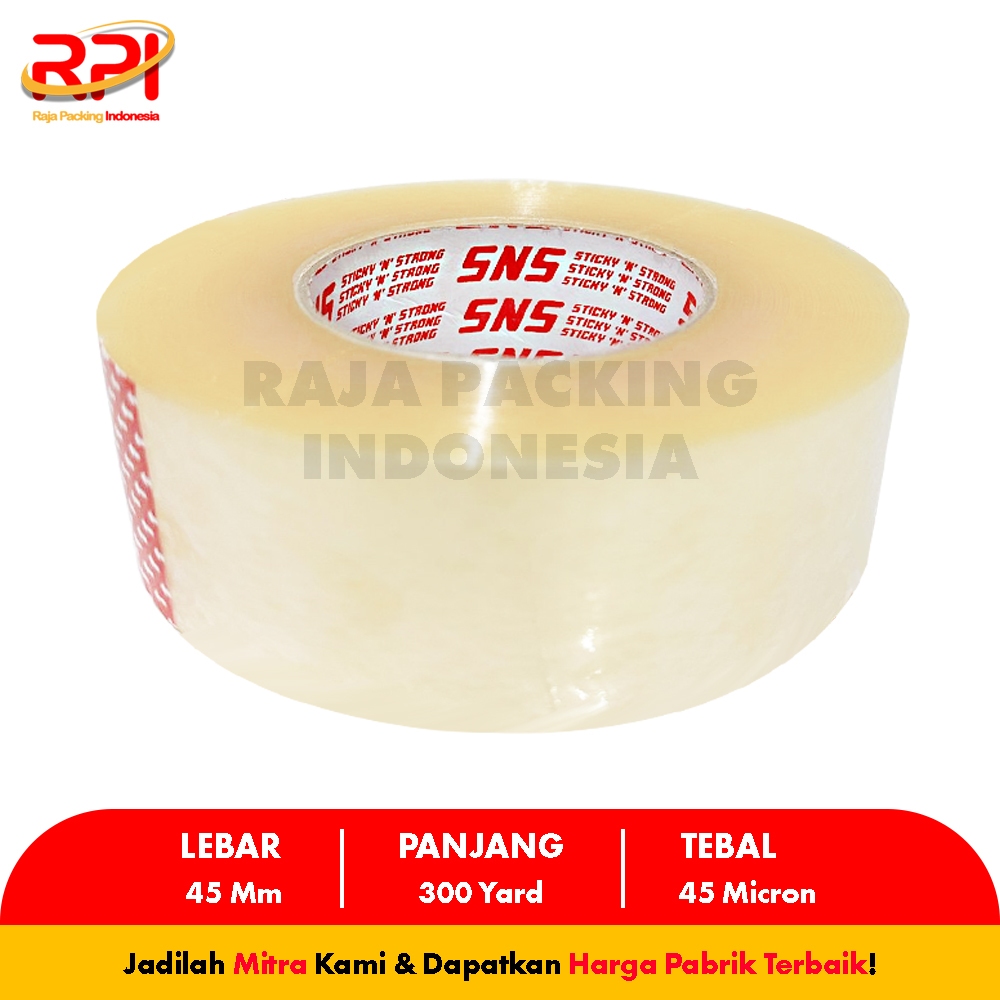 

Lakban Bening / Coklat 300 Yard x 45 Mm x 45 Mic Sticky N Strong (SNS) RAJA PACKING INDONESIA