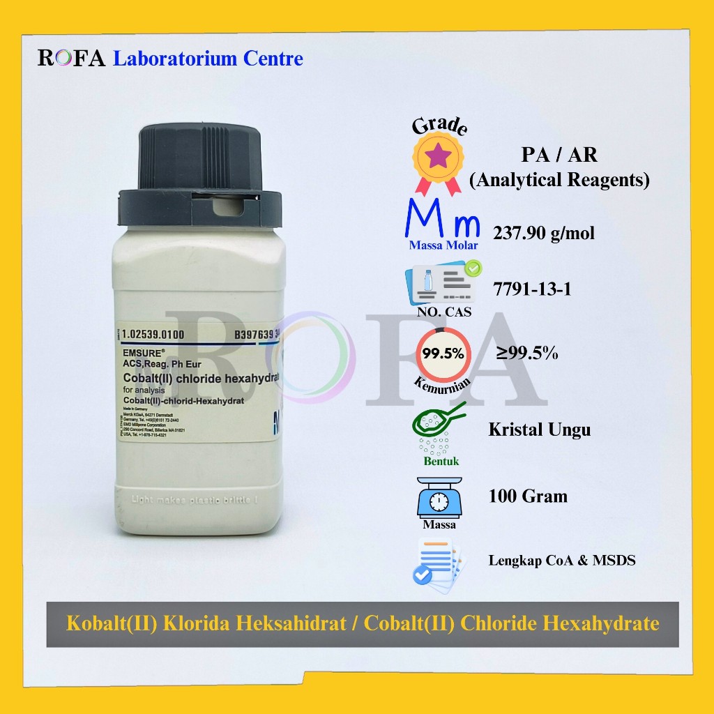 Kobalt(II) Klorida Heksahidrat / Cobalt(II) Chloride Hexahydrate / CoCl2.6H2O Pro Analisis 100 Gram