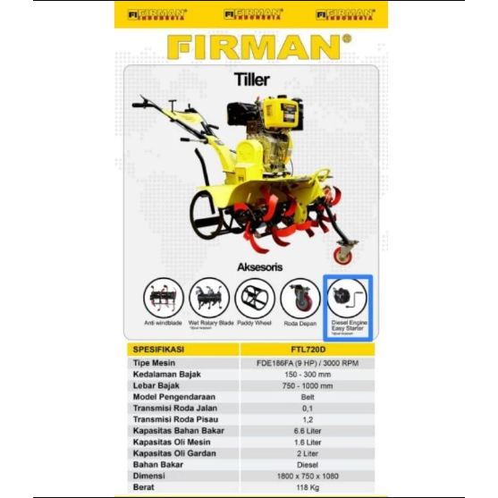 FIRMAN FTL720D + sudah termasuk Engine FDE186FA/Mesin Bajak Solar 9HP