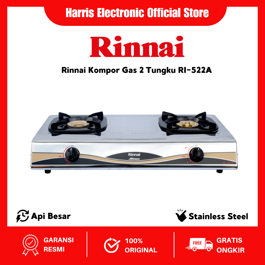 RINNAI KOMPOR GAS 2 TUNGKU RI522A / RI 522 A STAINLESS STEEL GARANSI RESMI / KOMPOR RINAI 2 TUNGKU S