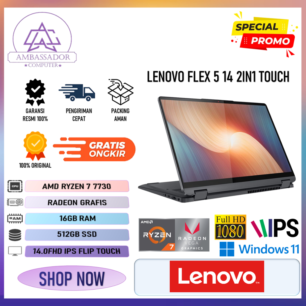 Lenovo flex 5 14 2in1 touch amd ryzen 7 7730 ram 16gb ssd 512gb layar 14.0" full hd ips