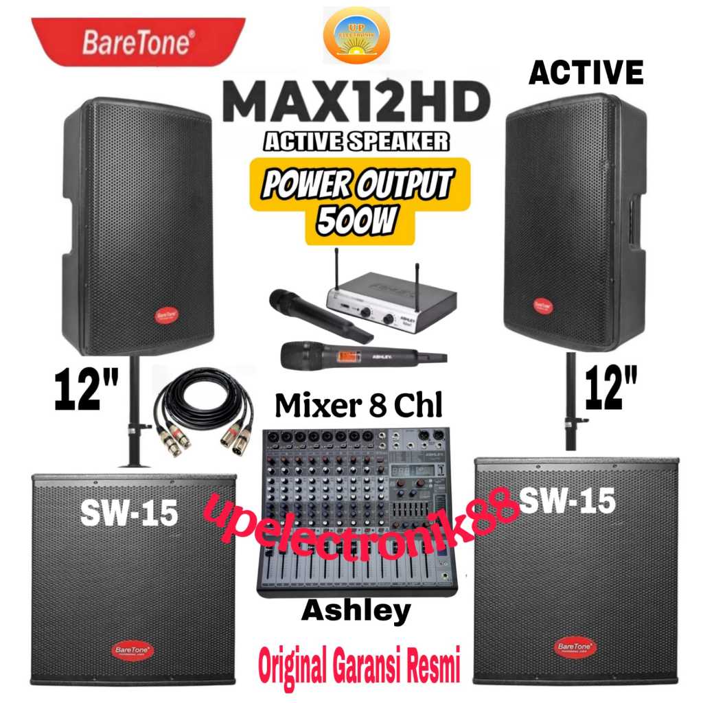 Promo Paket Sound System Speaker Aktif 12 Inch Baretone MAX12HD+Subwoofer Baretone 15 Inch+Mixer Ash