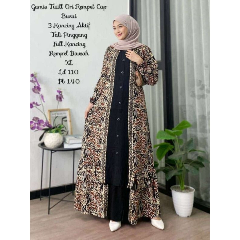 HK-Fashion Gamis Twill Ori Style Rempel Tumpuk Bawah/ Gamis twill ori motif batik cap/ Gamis twill o