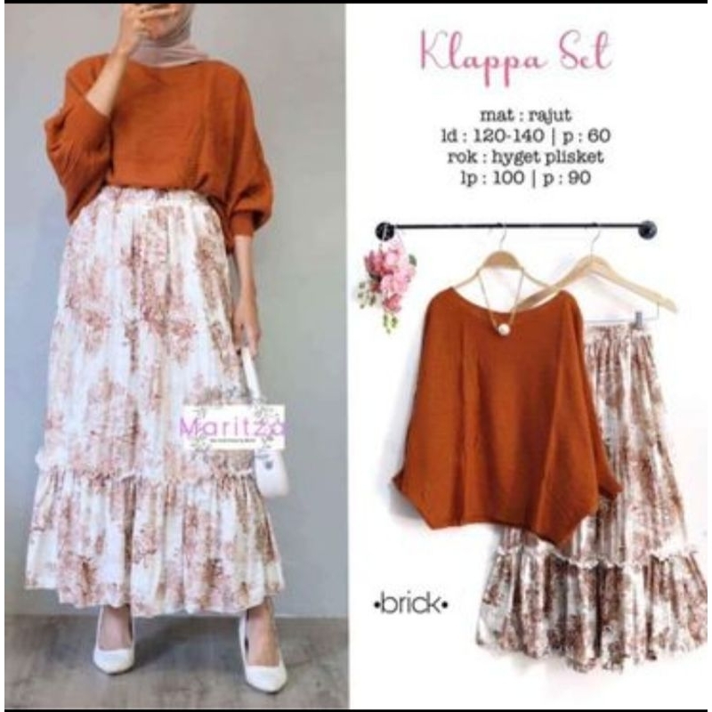 Maritza Klappa Set Baju Rajut Premium Lembut Motif Bat Wing & Rok Hyget Plisket Bunga Lengan Panjang