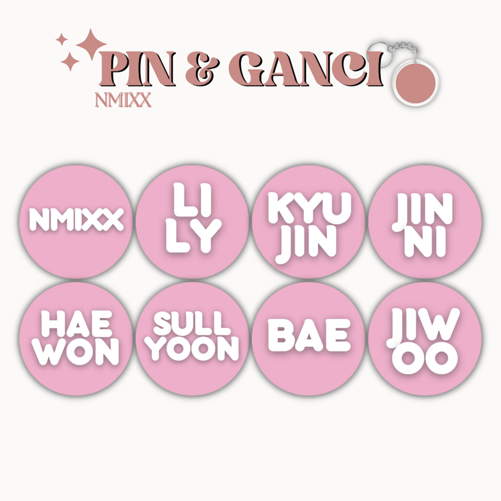 GANCI NMIXX PIN NAME PINK KEYCHAIN 58 MM GANTUNGAN KUNCI KPOP UNOFFICIAL HAEWON LILY JIWOO KYUJIN